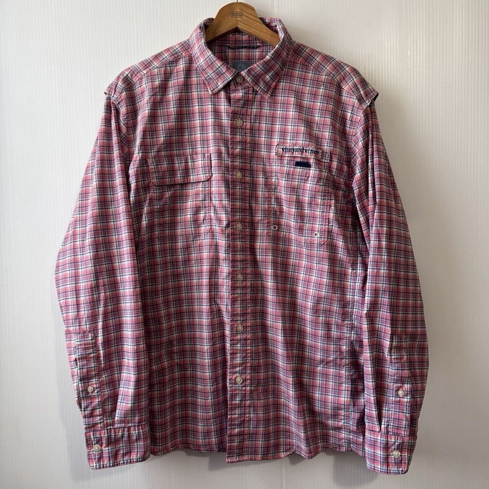 Vineyard Vines Harbor Shirt Men Sz L Red Plaid Vented Outdoors Fishing Hiking